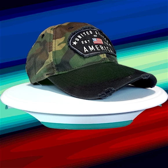 New Distressed Camouflage Denim Strap Back Dad Hat | Patriotic Patch | Unbranded - Picture 10 of 16